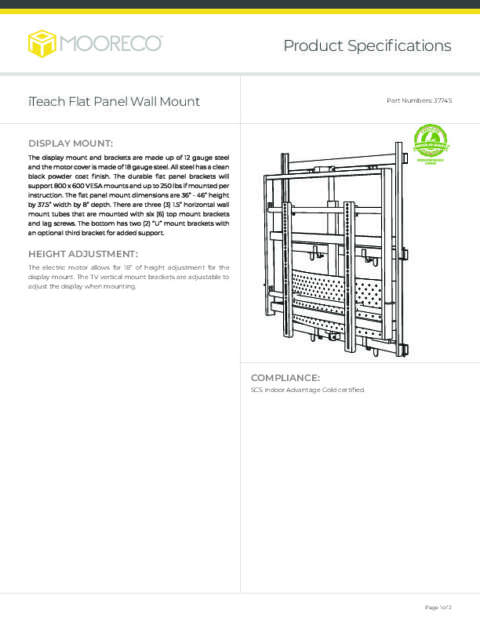 iTeach Flat Panel Wall Mount Spec Sheet