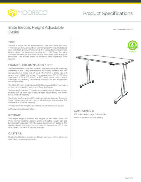 Elate Electric Height Adjustable Desk Spec Sheet