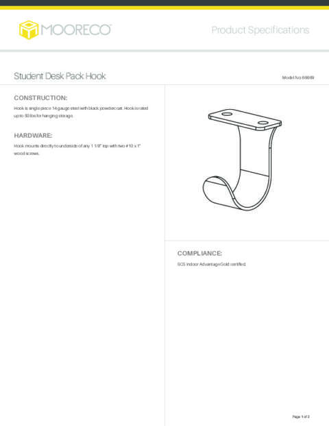 Student Desk Pack Hook Spec Sheet