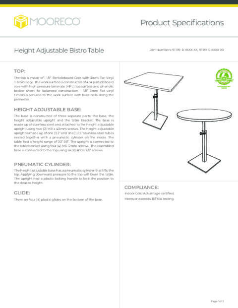 Height Adjustable Bistro Table Spec Sheet