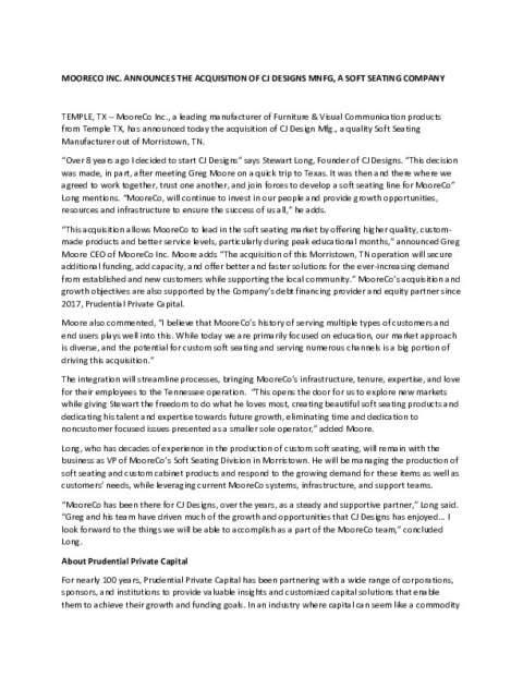 CJ Designs Acquisition Press Release