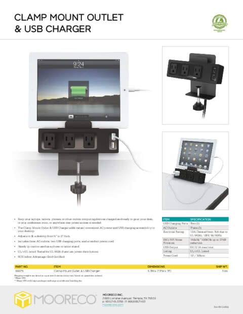 Clamp Mount Outlet & USB Charger Feature Sheet