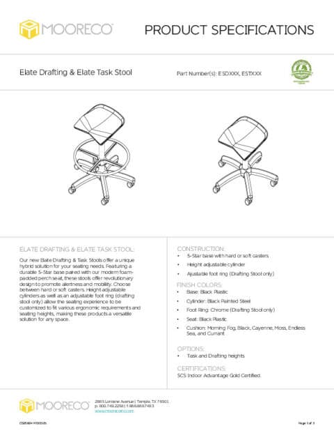 Elate Drafting + Task Stool Spec Sheet