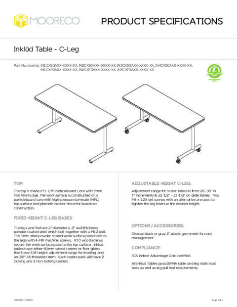 Inklüd Table – C-Leg Fixed Height / C-Leg Adjustable Height Spec Sheet