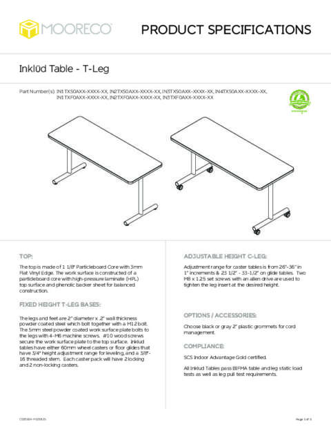 Inklüd Table – T-Leg Fixed Height / T-Leg Adjustable Height Spec Sheet