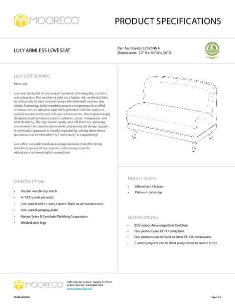Luly Loveseat – Armless Spec Sheet
