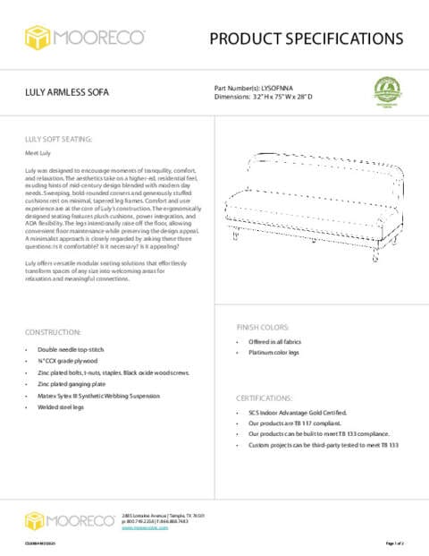 Luly Sofa – Armless Spec Sheet