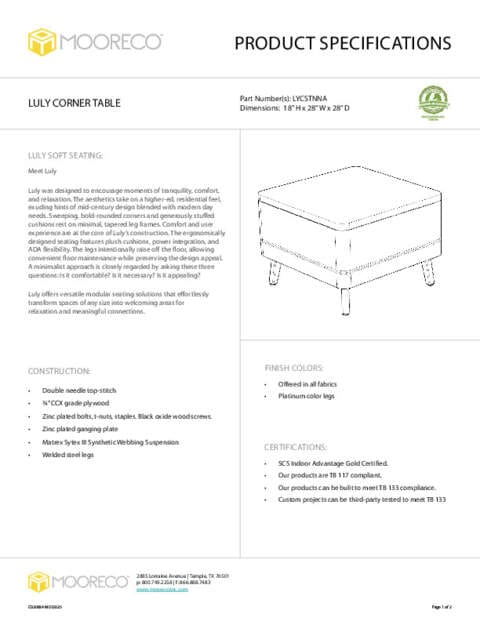 Luly Single Table Spec Sheet