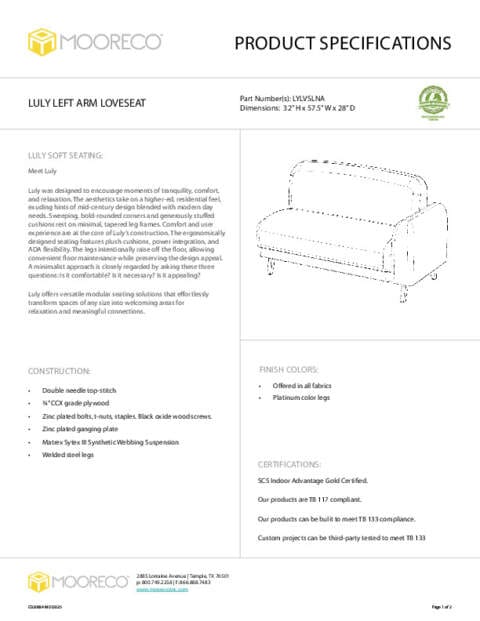 Luly Loveseat – Left Arm Spec Sheet