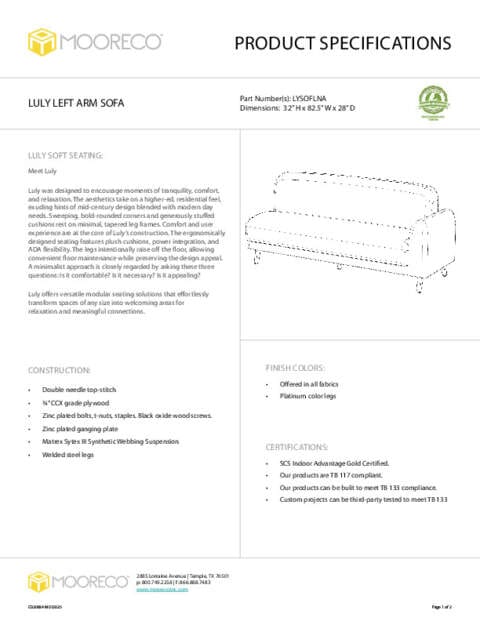 Luly Sofa – Left Arm Spec Sheet