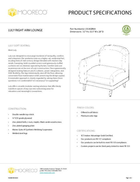 Luly Chair – Right Arm Spec Sheet