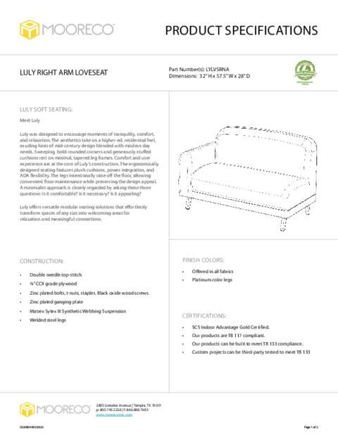 Luly Loveseat – Right Arm Spec Sheet