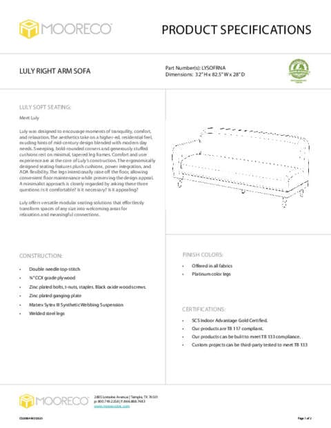 Luly Sofa – Right Arm Spec Sheet