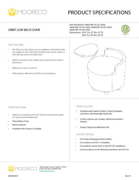 Orbit Low Back Chair Spec Sheet