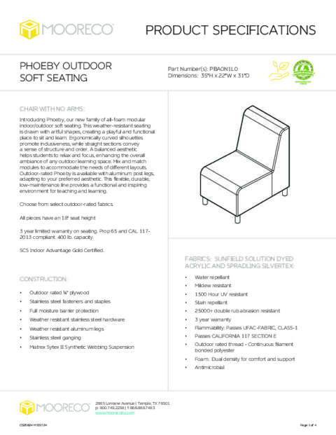 Phoeby Outdoor Soft Seating Chair Armless Spec Sheet
