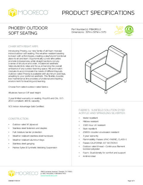 Phoeby Outdoor Soft Seating Chair Right Arm Spec Sheet