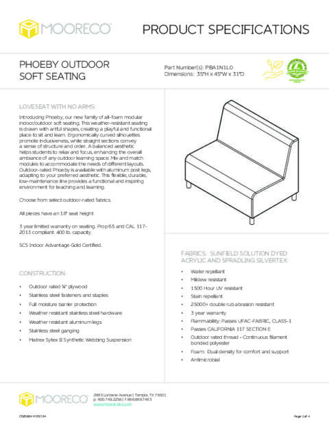 Phoeby Outdoor Soft Seating Loveseat Armless Spec Sheet