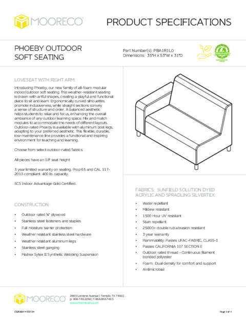 Phoeby Outdoor Soft Seating Loveseat Right Arm Spec Sheet