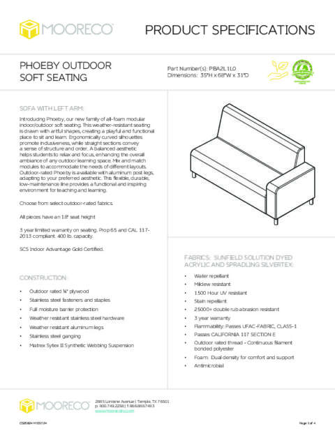Phoeby Outdoor Soft Seating Sofa Left Arm Spec Sheet
