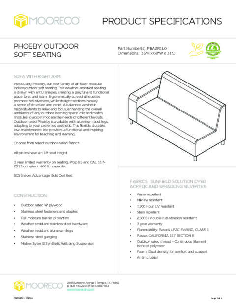 Phoeby Outdoor Soft Seating Sofa Right Arm Spec Sheet