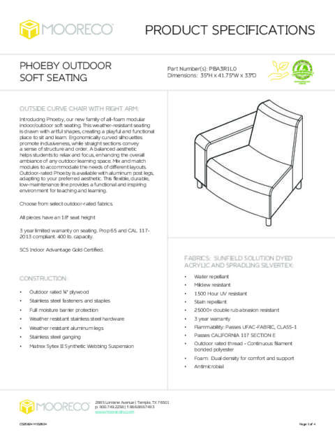 Phoeby Outdoor Soft Seating Outside Curve Chair Right Arm Spec Sheet