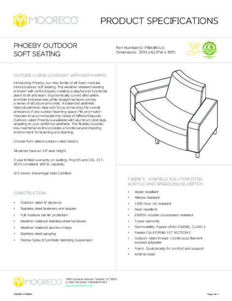 Phoeby Outdoor Soft Seating Outside Curve Loveseat Both Arms Spec Sheet