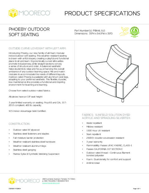 Phoeby Outdoor Soft Seating Outside Curve Loveseat Left Arm Spec Sheet