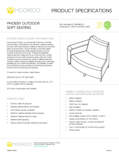 Phoeby Outdoor Soft Seating Outside Curve Loveseat Right Arm Spec Sheet
