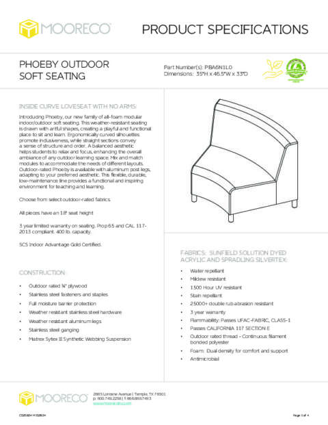 Phoeby Outdoor Soft Seating Inside Curve Loveseat Armless Spec Sheet