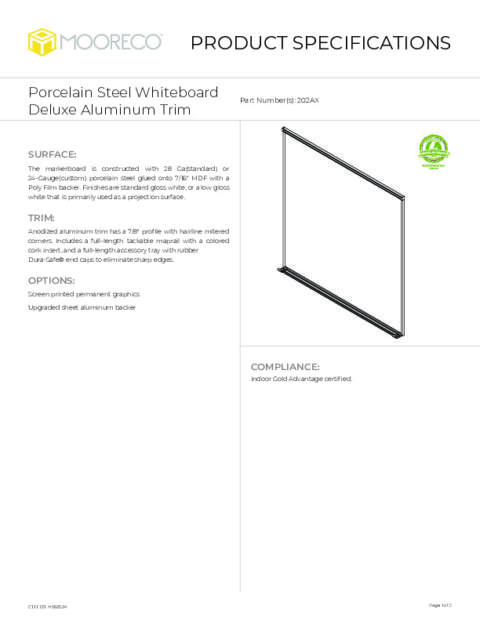 Porcelain Steel Whiteboard – Deluxe Aluminum Trim Spec Sheet