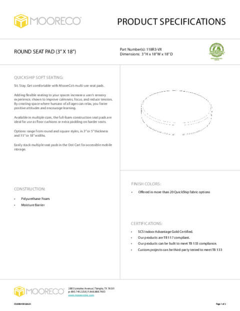 Round Seat Pad 3in × 18in Spec Sheet