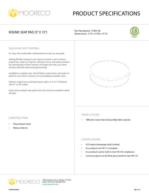 Round Seat Pad 5in × 15in Spec Sheet
