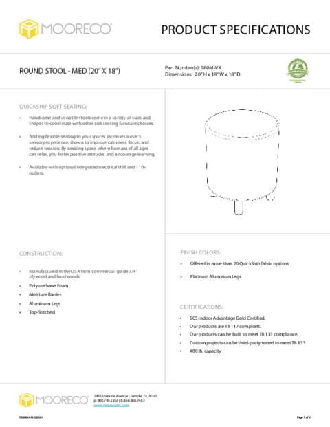 Round Stool (Med) 20in x 18in Spec Sheet