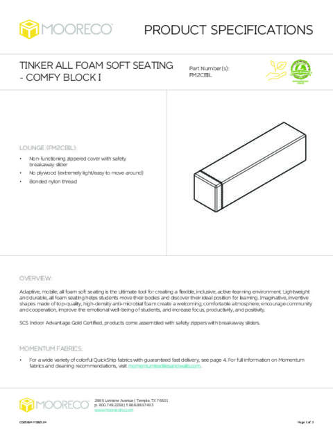 All Foam Tinker Soft Seating – Comfy Block I Spec Sheet