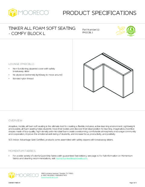 All Foam Tinker Soft Seating – Comfy Block L Spec Sheet
