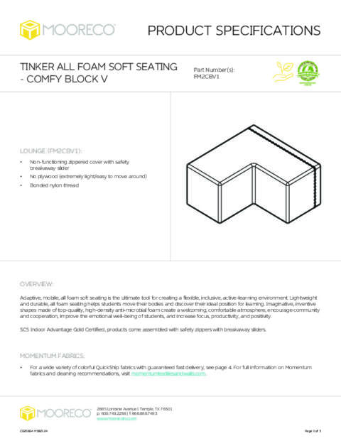 All Foam Tinker Soft Seating – Comfy Block V Spec Sheet