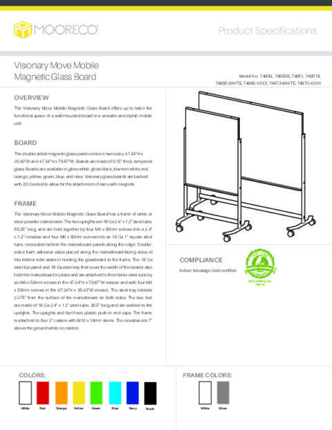 Visionary Move Mobile Magnetic Glass Board Spec Sheet