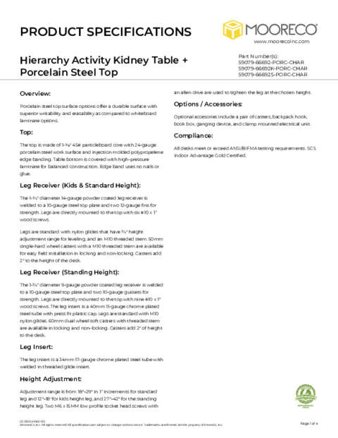 Hierarchy Activity Kidney Table + Porcelain Steel Top Spec Sheet