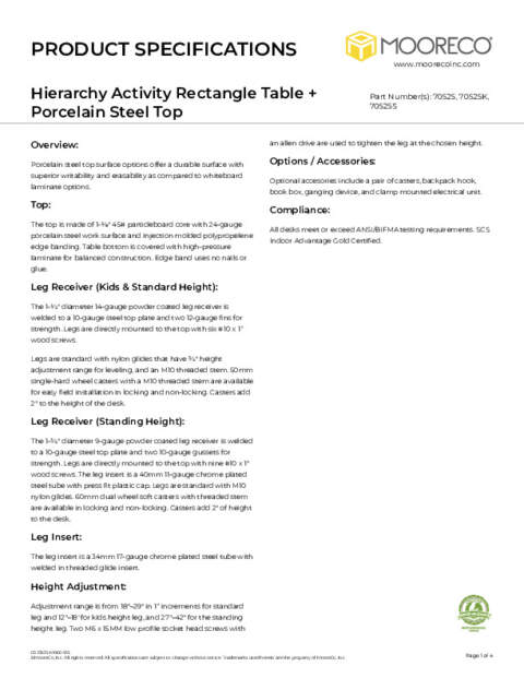 Hierarchy Activity Rectangle Table + Porcelain Steel Top Spec Sheet
