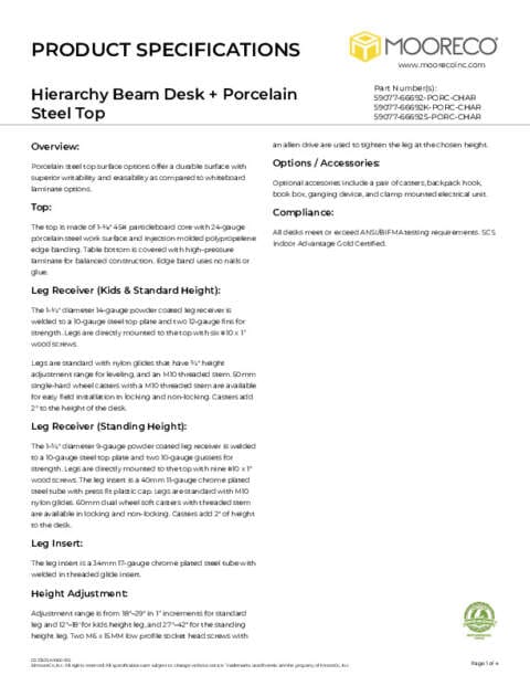Hierarchy Beam Desk + Porcelain Steel Top Spec Sheet
