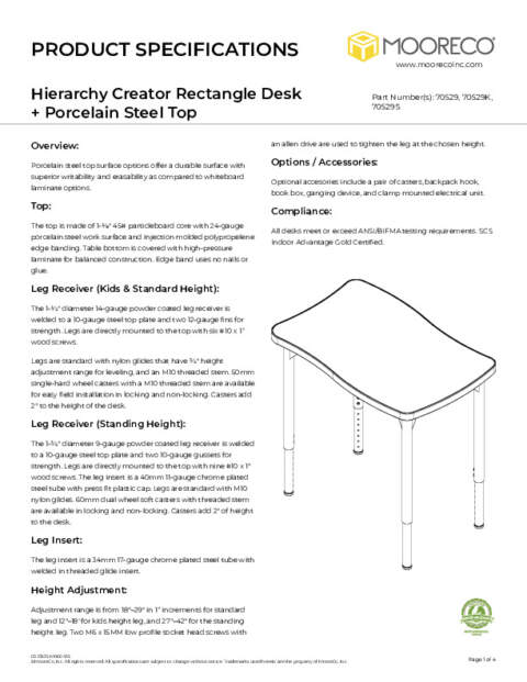 Hierarchy Creator Rectangle Desk + Porcelain Steel Top Spec Sheet