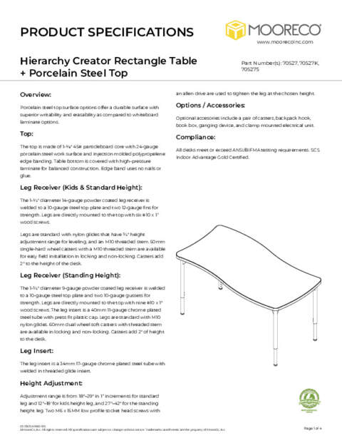 Hierarchy Creator Rectangle Table + Porcelain Steel Top Spec Sheet