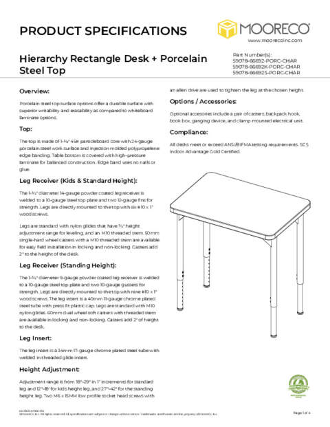 Hierarchy Rectangle Desk + Porcelain Steel Top Spec Sheet