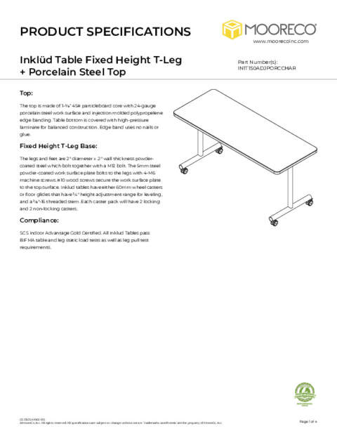 Inklud Table Fixed Height T-Leg + Porcelain Steel Top Spec Sheet