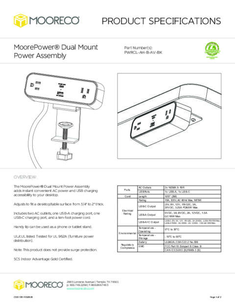 MoorePower Dual Mount Power Spec Sheet
