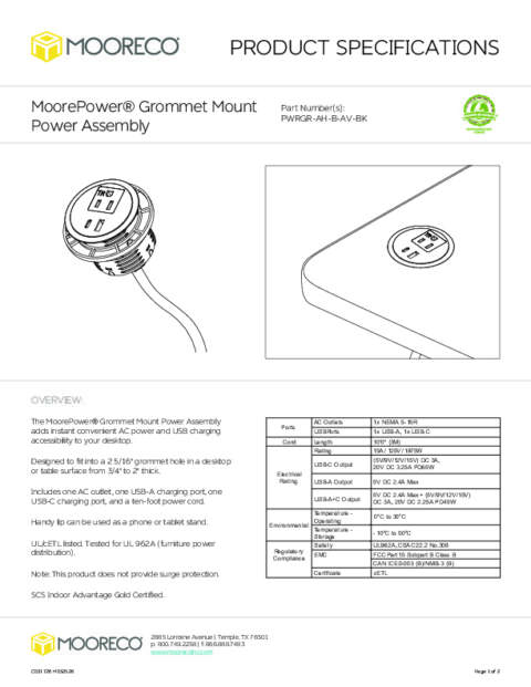 MoorePower Grommet Mount Power Spec Sheet