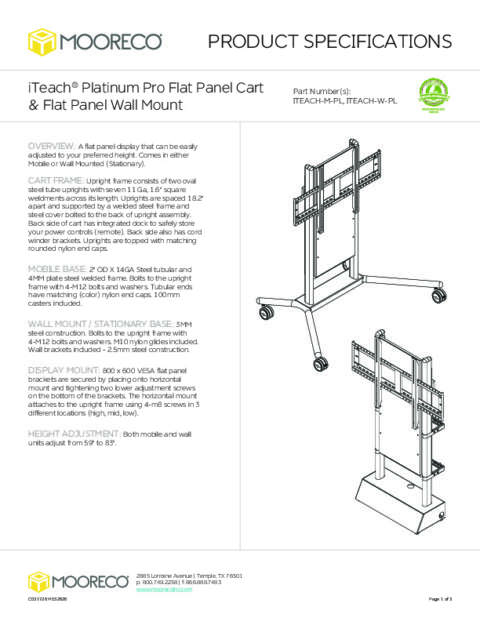 iTeach Platinum Pro Flat Panel Cart + Mount Spec Sheet